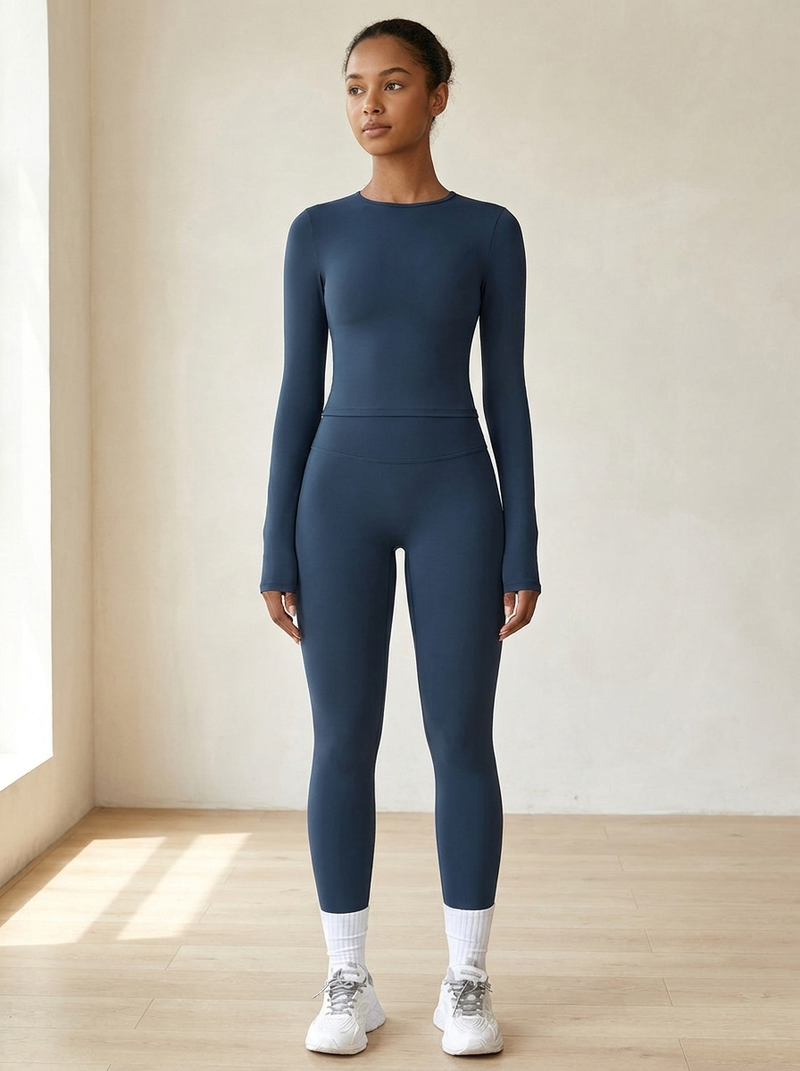 The Cloud Set in Badge Blue — brushed long-sleeve top and high-waist leggings
